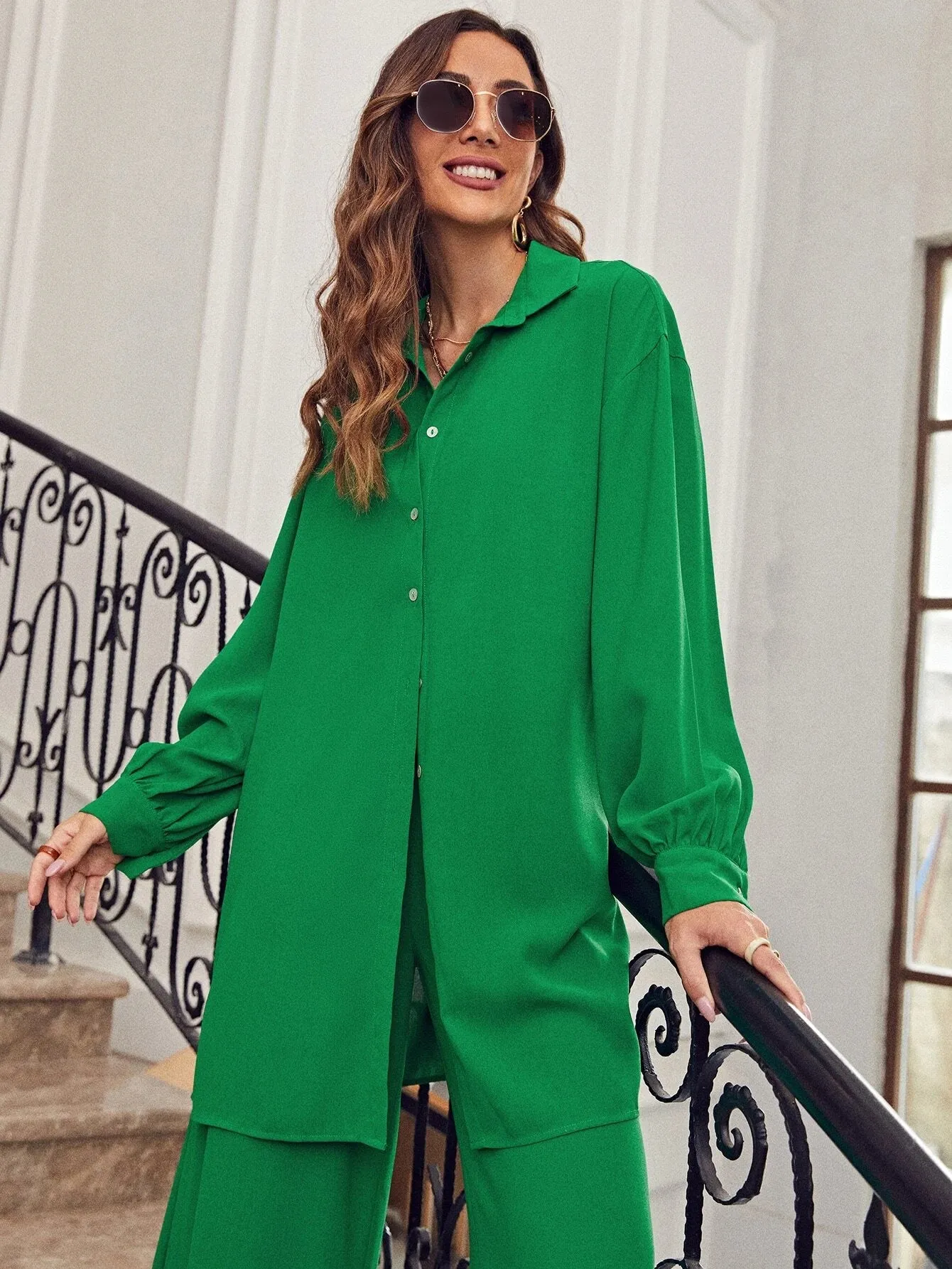SHEIN Frenchy Drop Shoulder Button Front Blouse & Wide Leg Pants