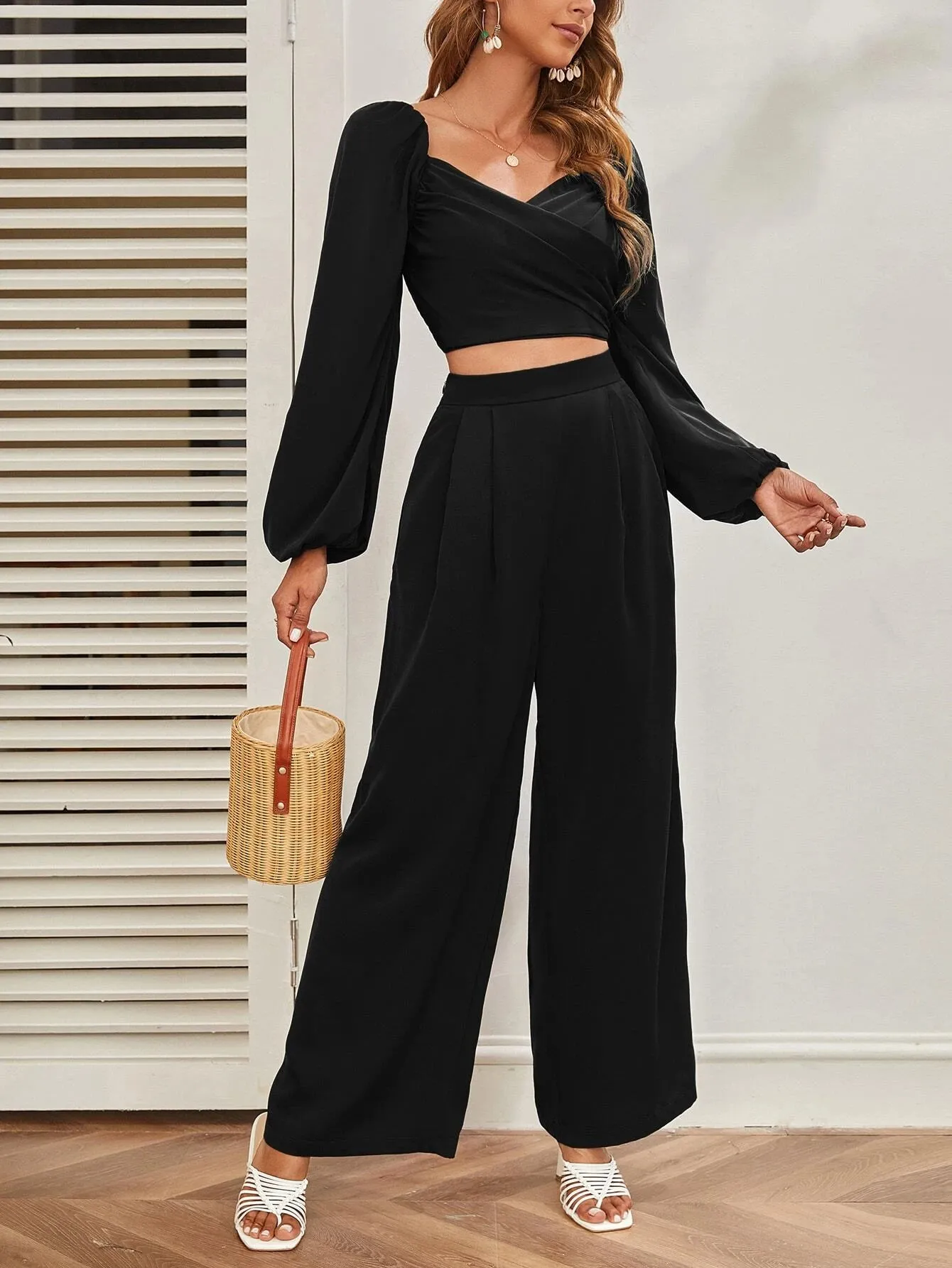 SHEIN Mulvari Lantern Sleeve Shirred Back Crop Top & Pants Set