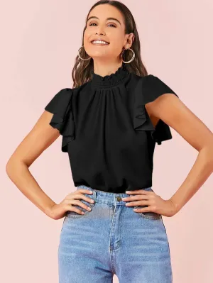 Shirred Neck Ruffle Armhole Top