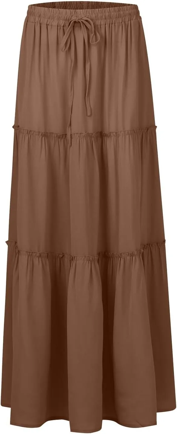 Silk Long Skirts for Women Maxi Tiered Elastic High Waisted Drawstring Pleated Dance Flowy A Line Skirt with Pockets