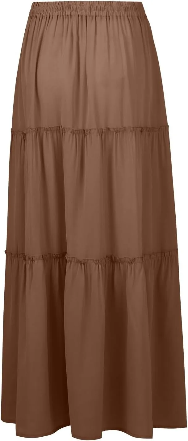 Silk Long Skirts for Women Maxi Tiered Elastic High Waisted Drawstring Pleated Dance Flowy A Line Skirt with Pockets