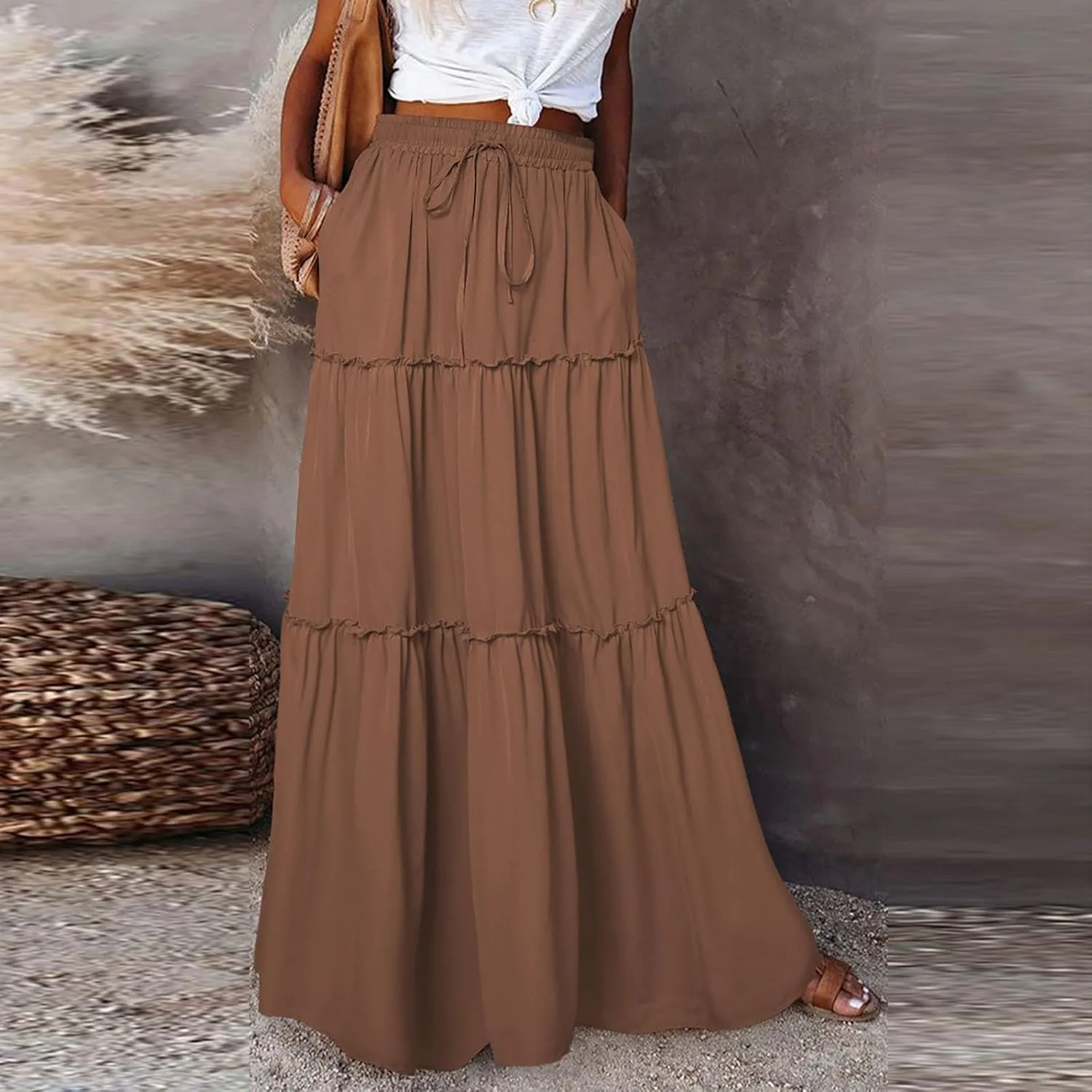 Silk Long Skirts for Women Maxi Tiered Elastic High Waisted Drawstring Pleated Dance Flowy A Line Skirt with Pockets