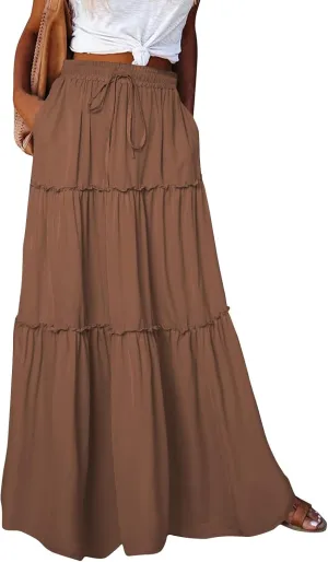 Silk Long Skirts for Women Maxi Tiered Elastic High Waisted Drawstring Pleated Dance Flowy A Line Skirt with Pockets