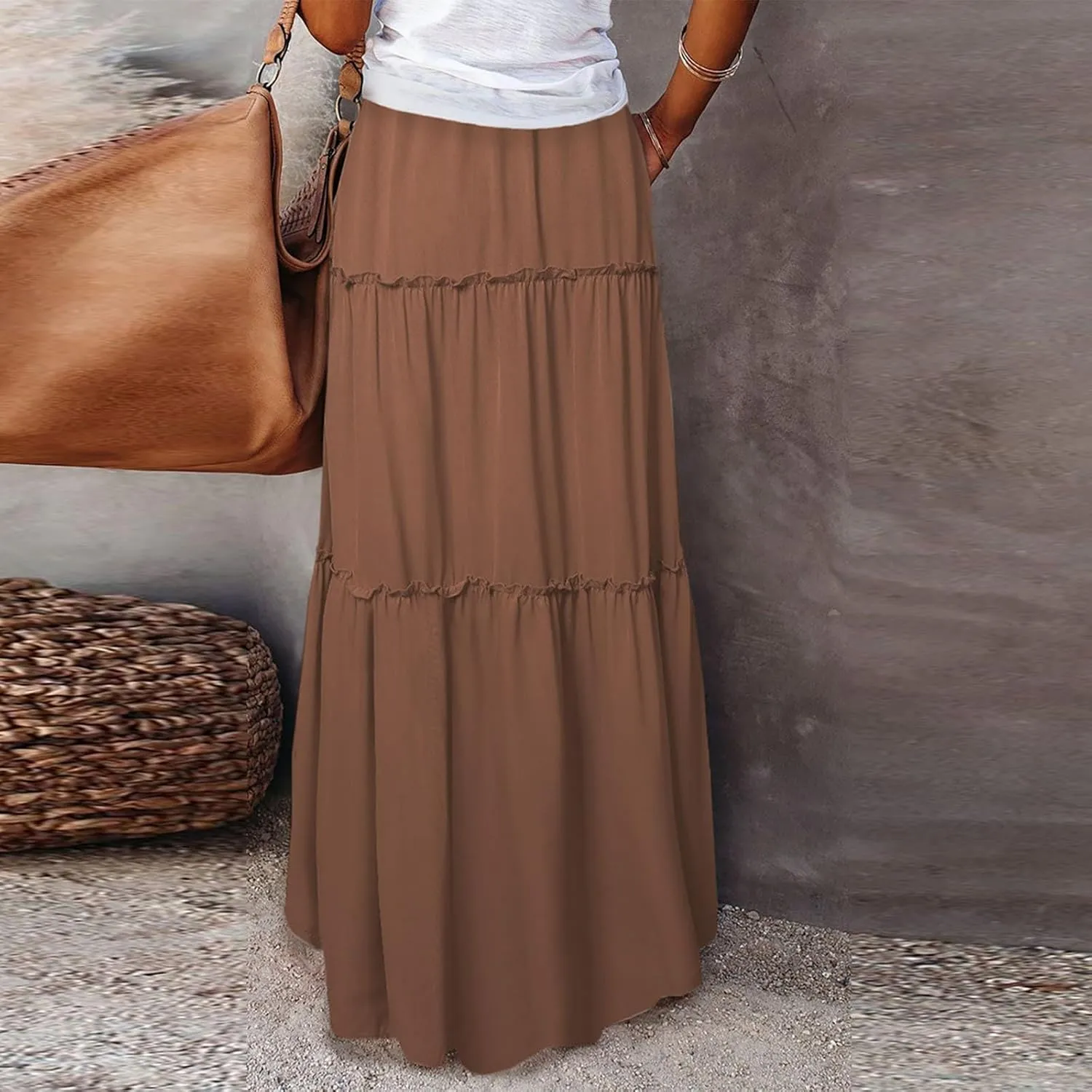 Silk Long Skirts for Women Maxi Tiered Elastic High Waisted Drawstring Pleated Dance Flowy A Line Skirt with Pockets