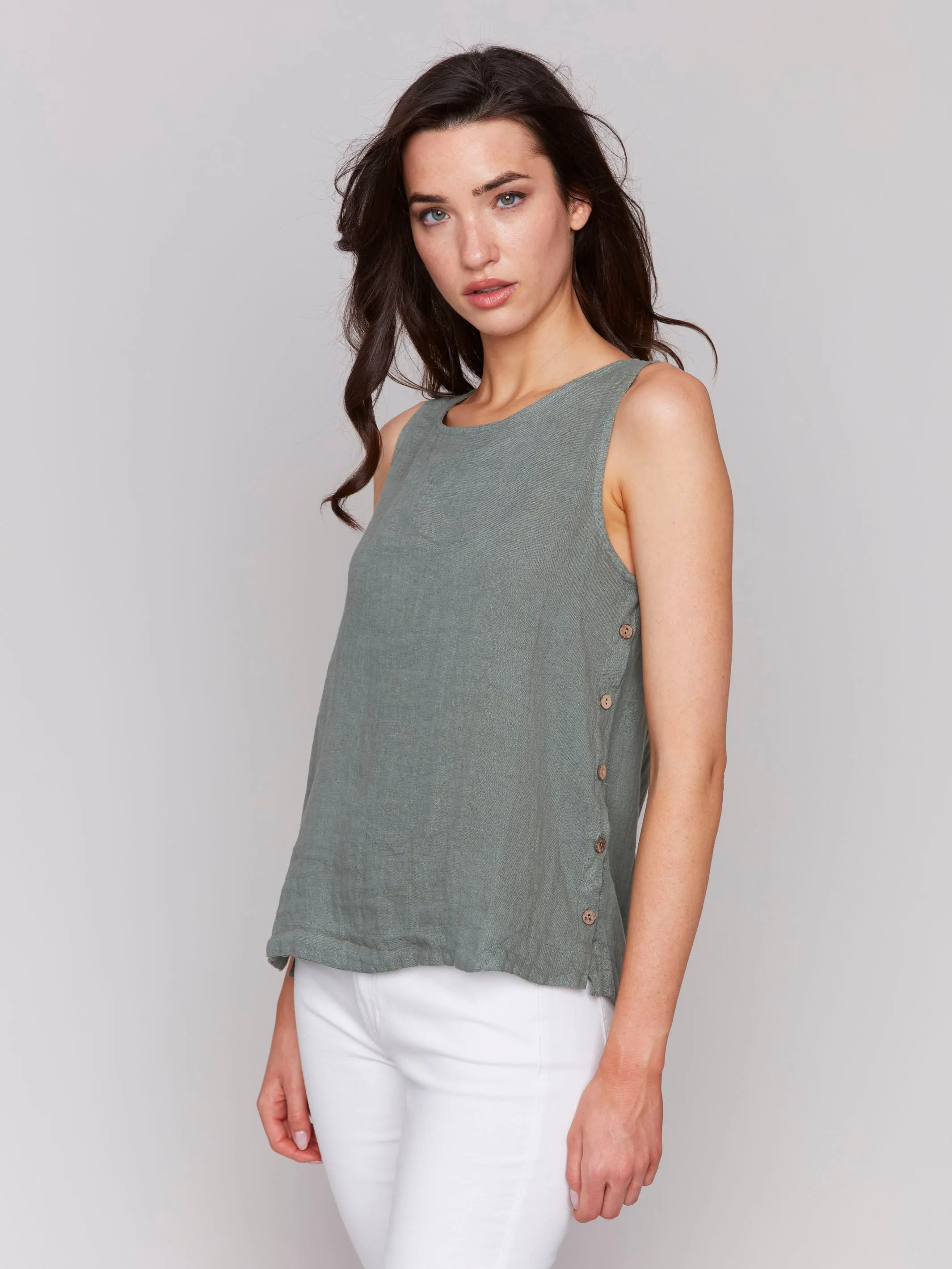Sleeveless Linen Top with Side Buttons - Celadon