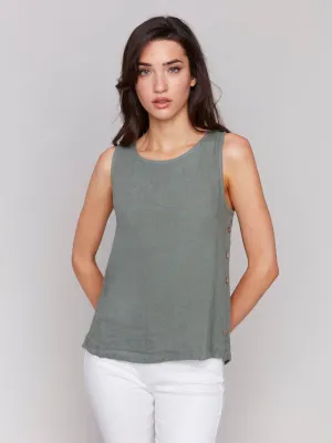 Sleeveless Linen Top with Side Buttons - Celadon