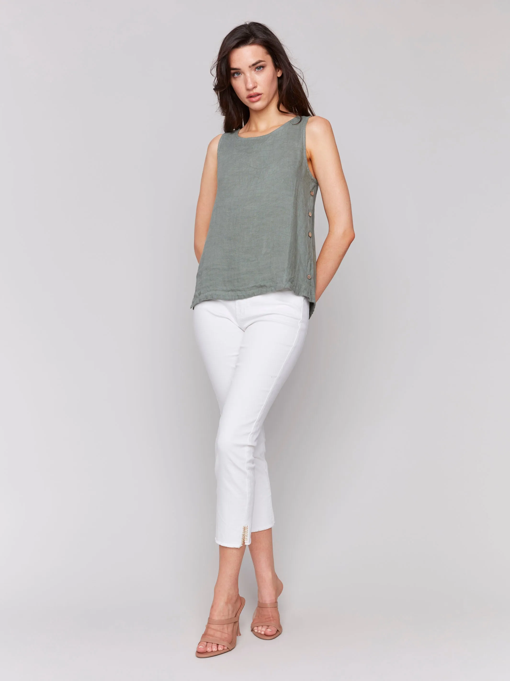 Sleeveless Linen Top with Side Buttons - Celadon