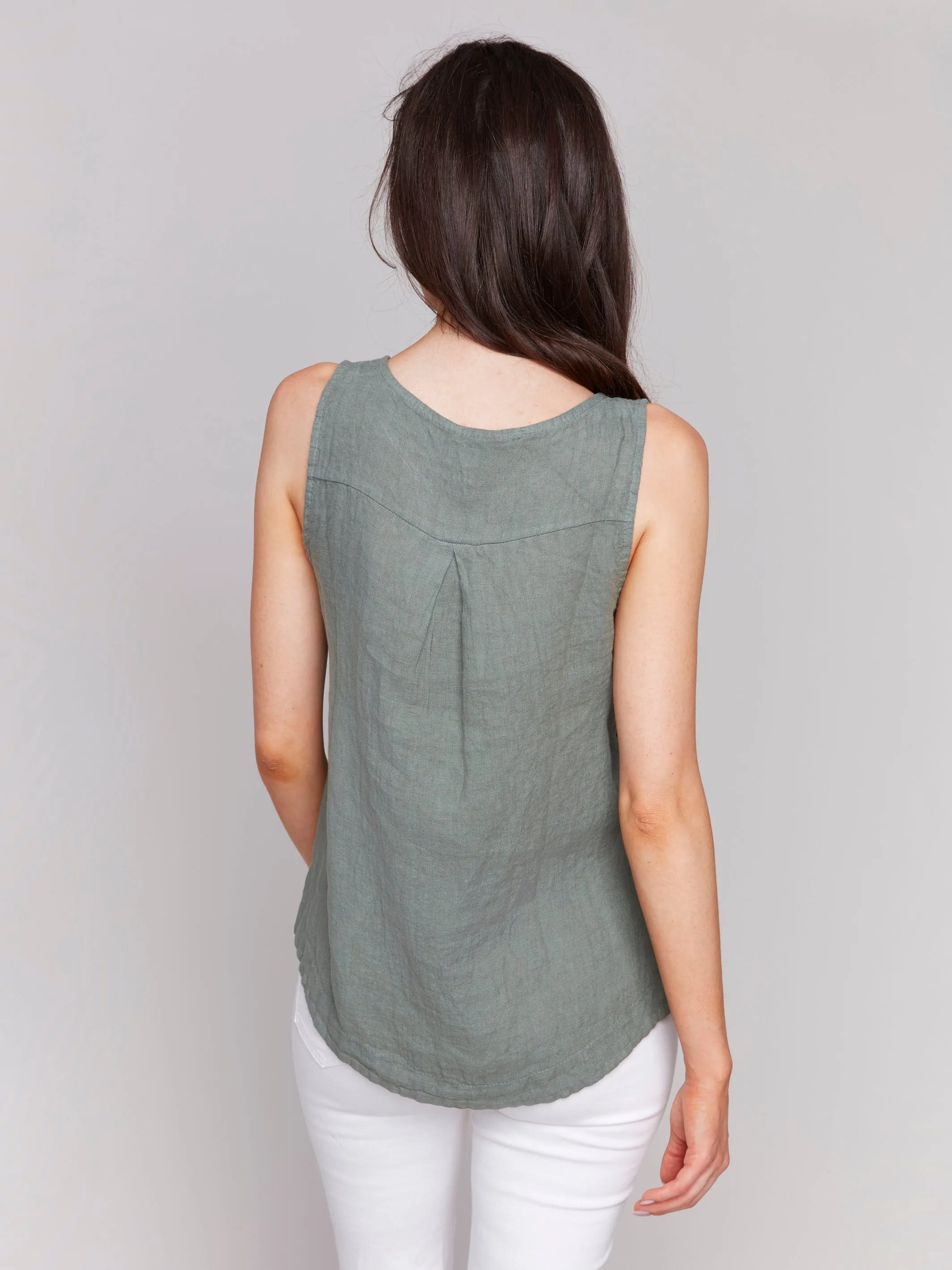 Sleeveless Linen Top with Side Buttons - Celadon