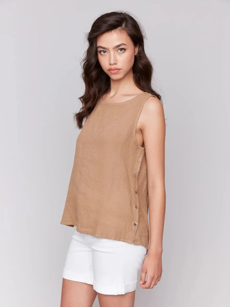 Sleeveless Linen Top W/Side Buttons C4425T