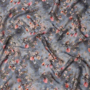 Steel Blue Floral Synthetic Organza Satin Fabric, 110 cm Wide, Made in India-D20982