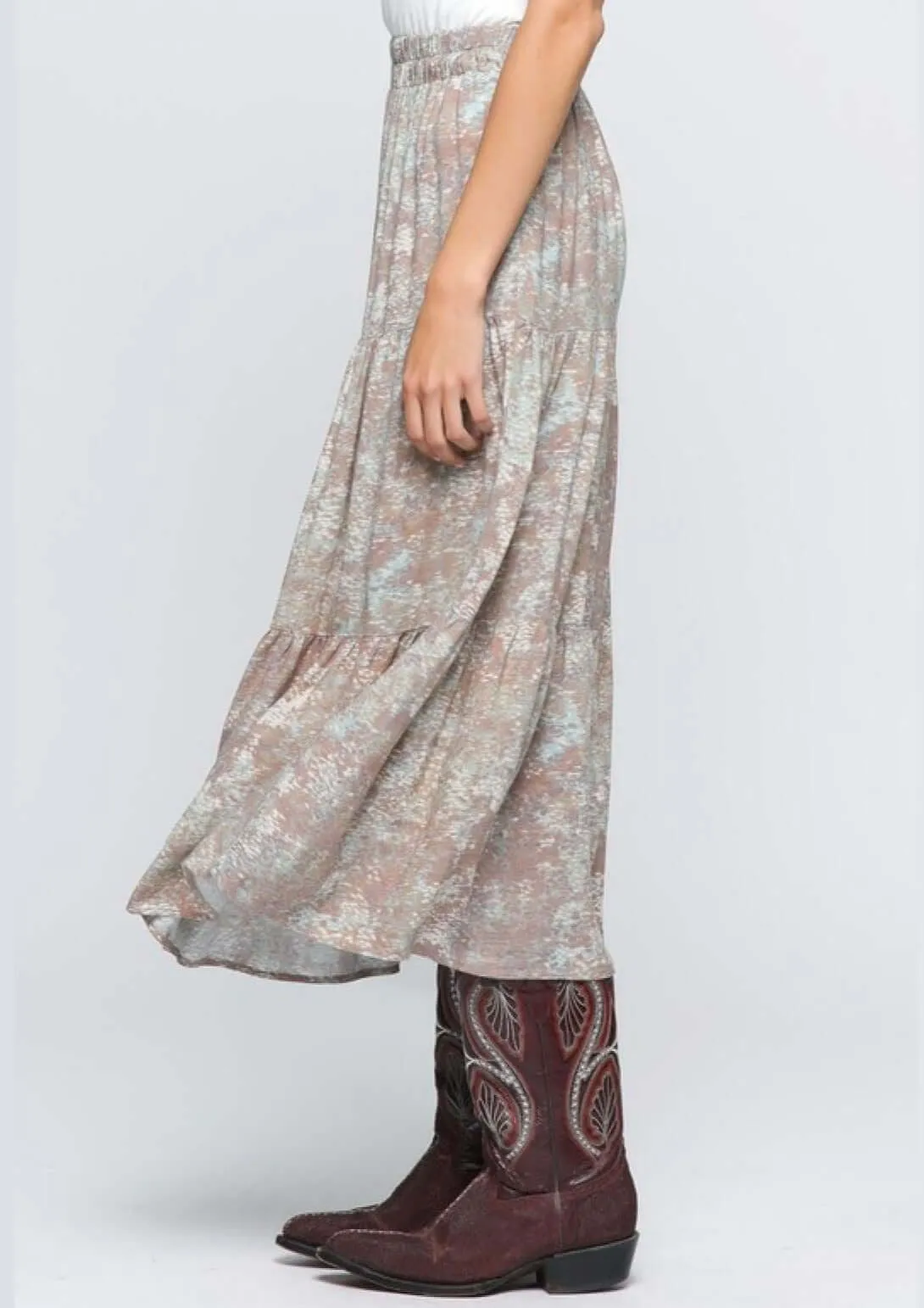 Tiered A-Line Sage & Mocha Maxi Skirt