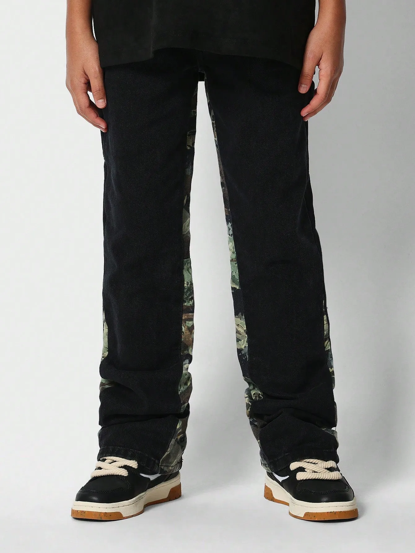Tween Girls Flare Fit Jean With Camo Blocked Panels
