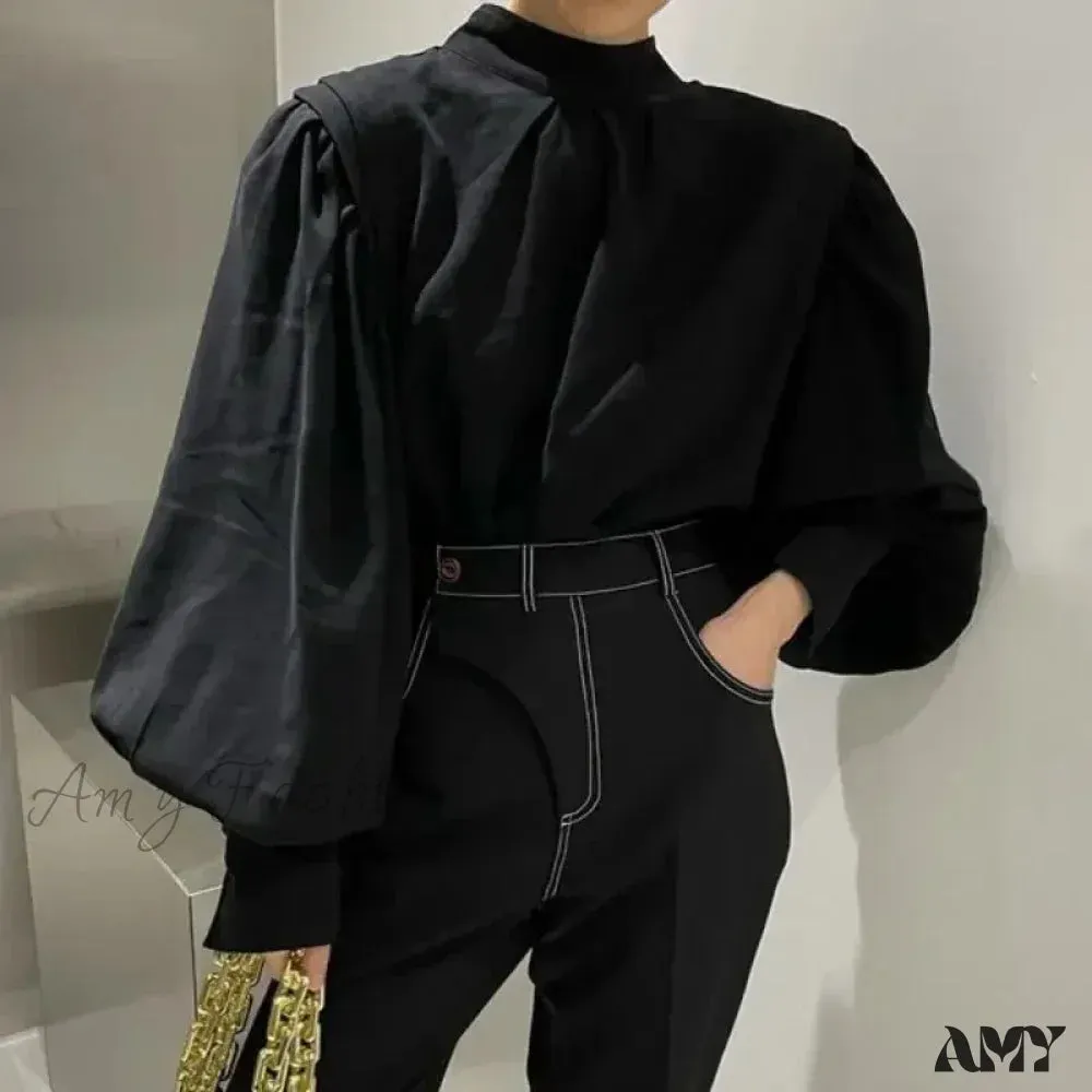 Vintage Elegant Harajuku Black Oversized Lantern Sleeve Blouse