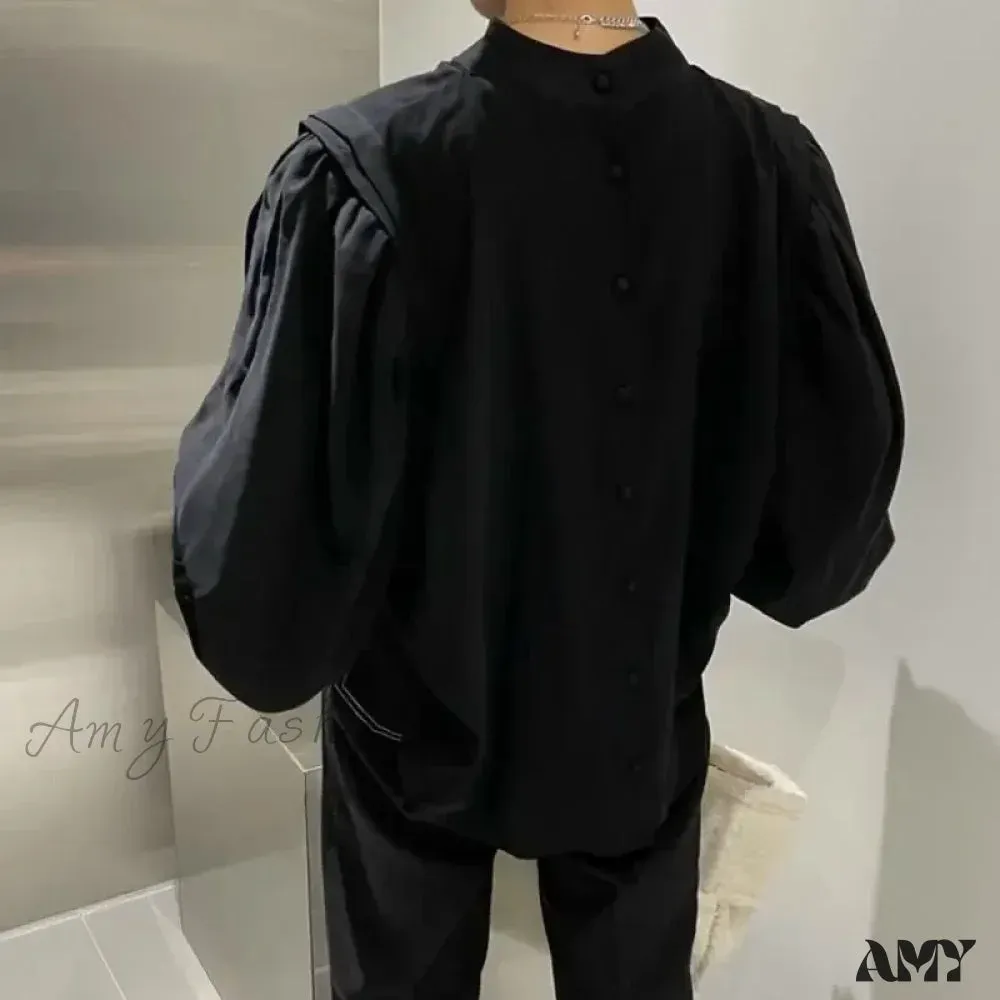 Vintage Elegant Harajuku Black Oversized Lantern Sleeve Blouse