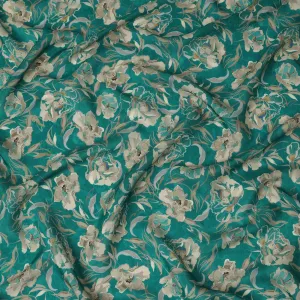 Viscose Crepe Fabric - Elegant Beige Floral on Teal Green, 110 cm Width-D20659