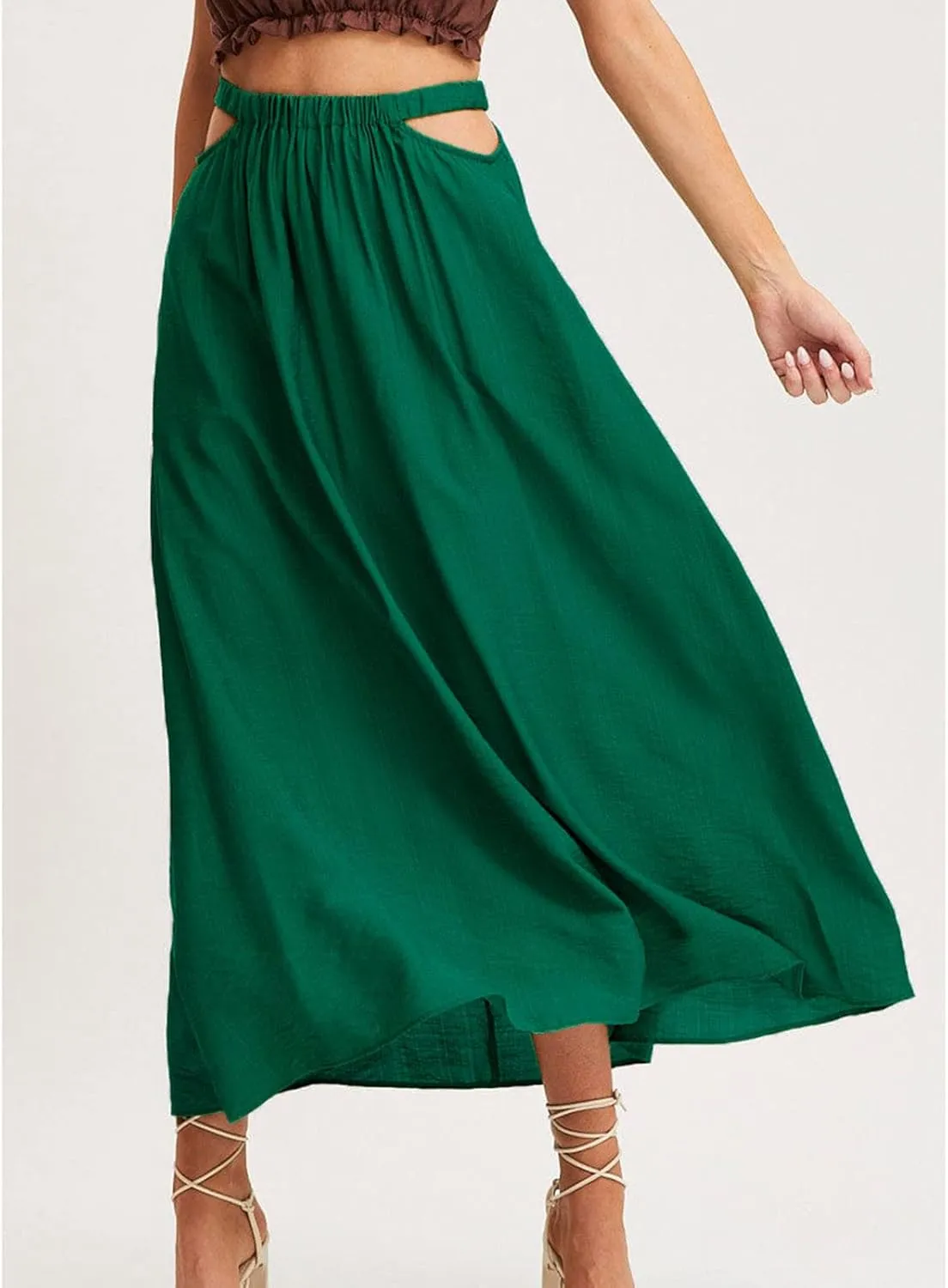 Women Cutout High Waist Midi Skirt Summer Casual Pleated A-Line Skirts Lightweight Flowy Solid Beach Long Skirt