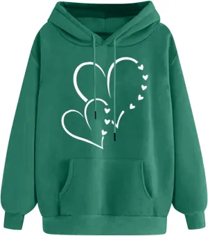 Women Heart Print Hoodies Classic Solid Valentine's Day Long Sleeve Sweatshirt Oversized Pullover with Pockets