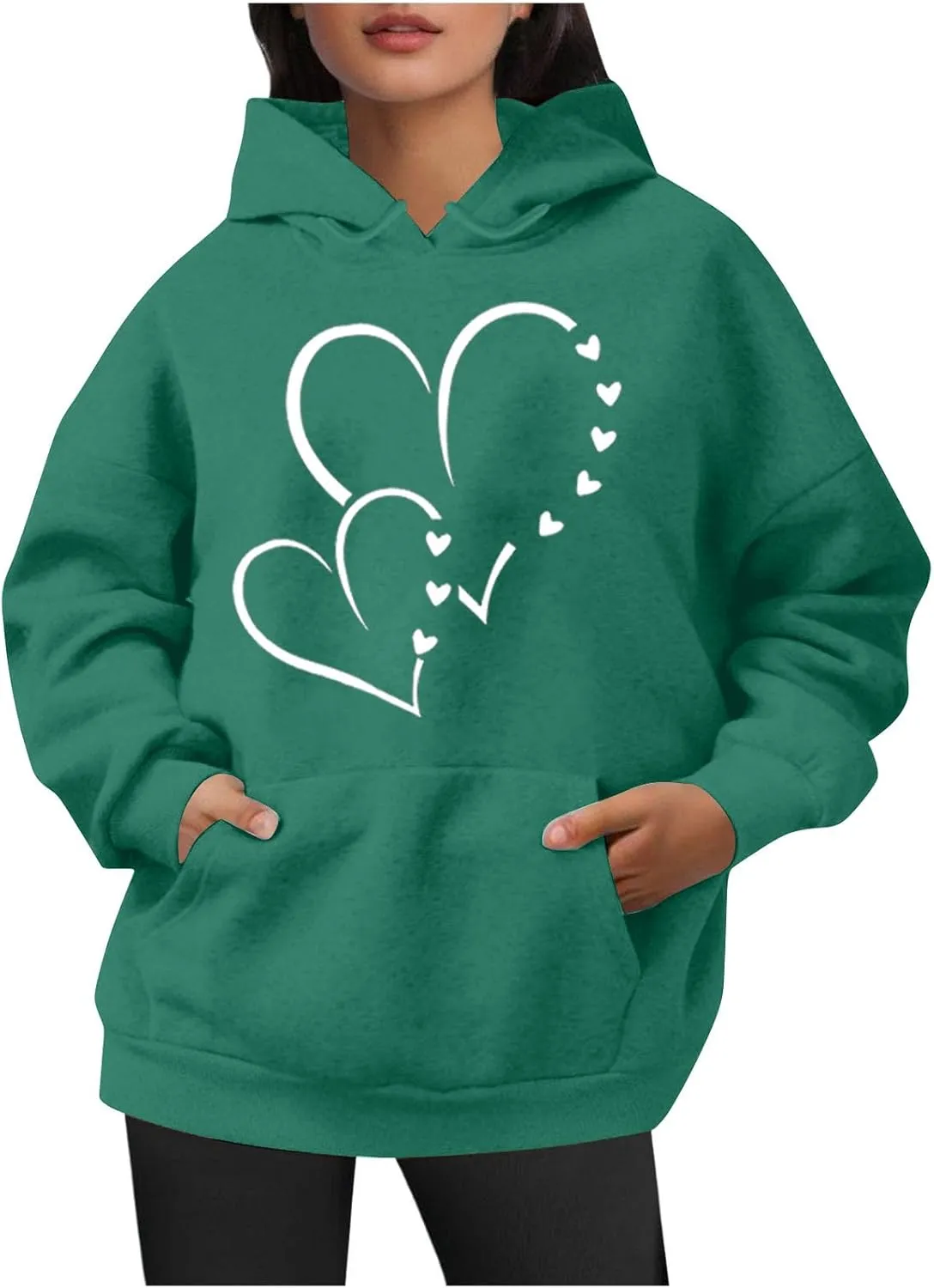Women Heart Print Hoodies Classic Solid Valentine's Day Long Sleeve Sweatshirt Oversized Pullover with Pockets