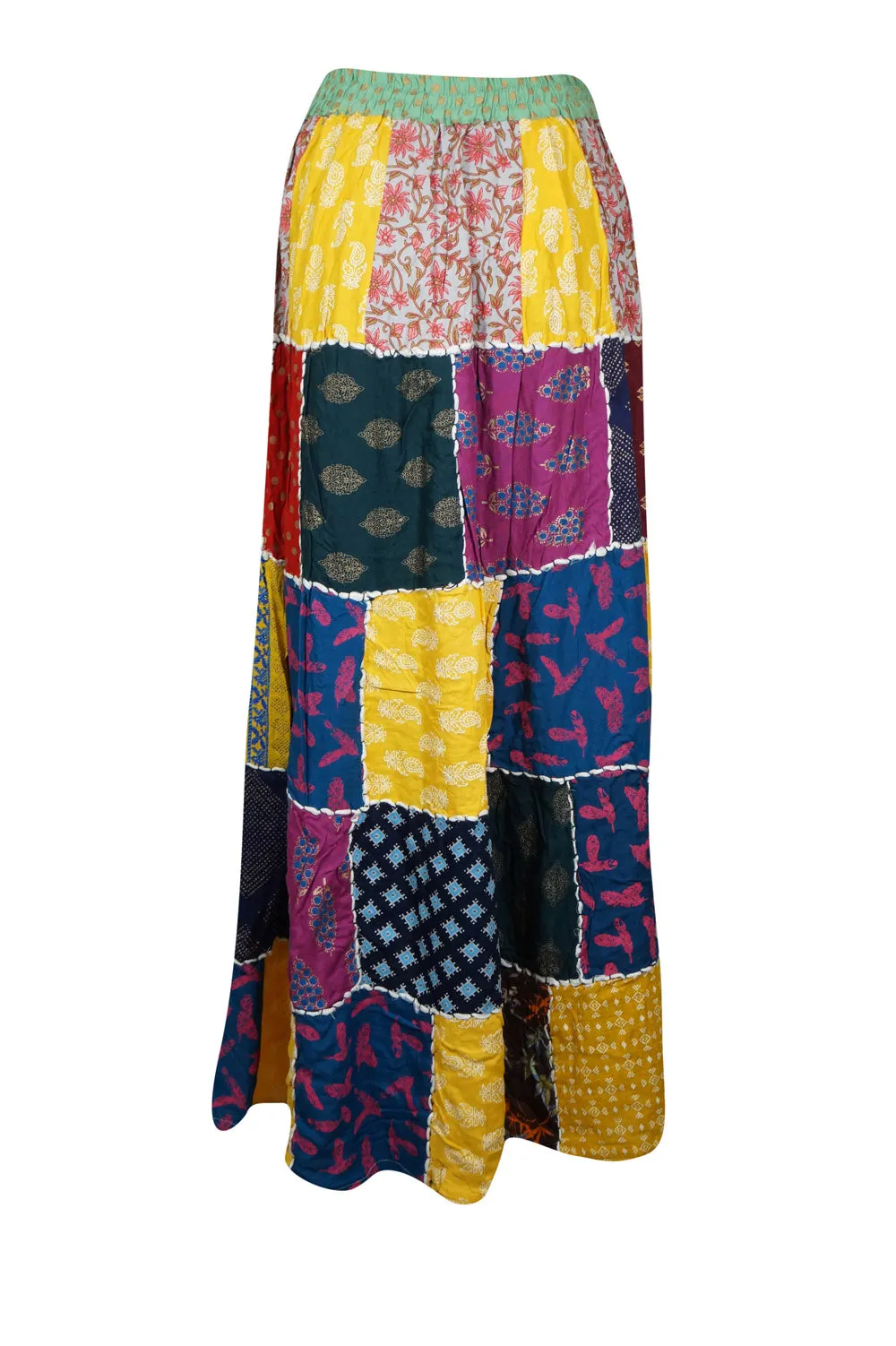 Womens Beach Maxi Skirt Blue, Yellow Patchwork Skirts Hippie Skirts S/M