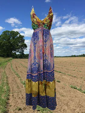 Womens Boho Maxi Blue Paisley Beach Maxi Dress S/M