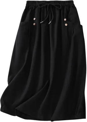 Women's Cotton Linen Bubble Skirt Summer Casual Lightweight Midi Beach Skirts Elastic Waisted Retro Parachute Skirt