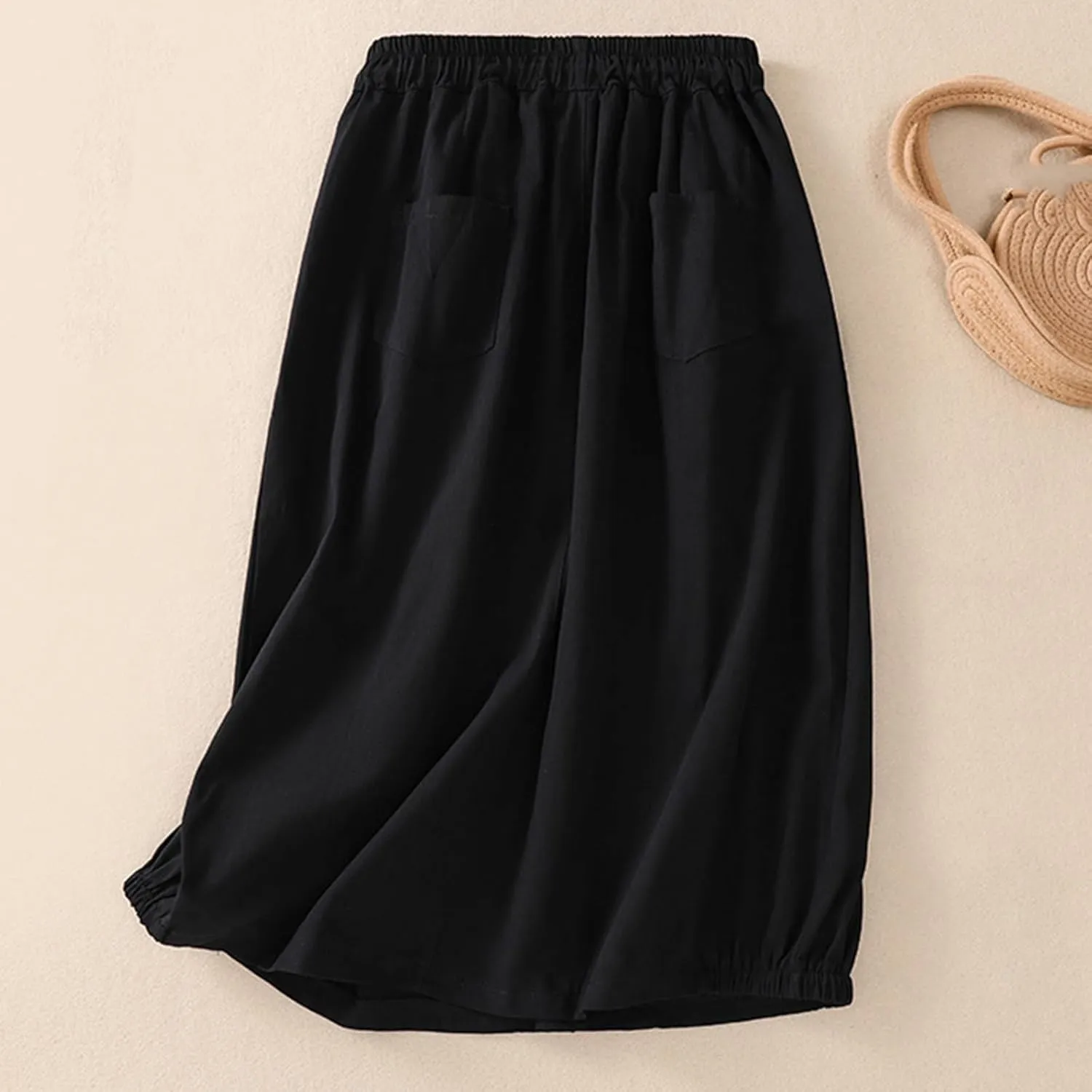 Women's Cotton Linen Bubble Skirt Summer Casual Lightweight Midi Beach Skirts Elastic Waisted Retro Parachute Skirt