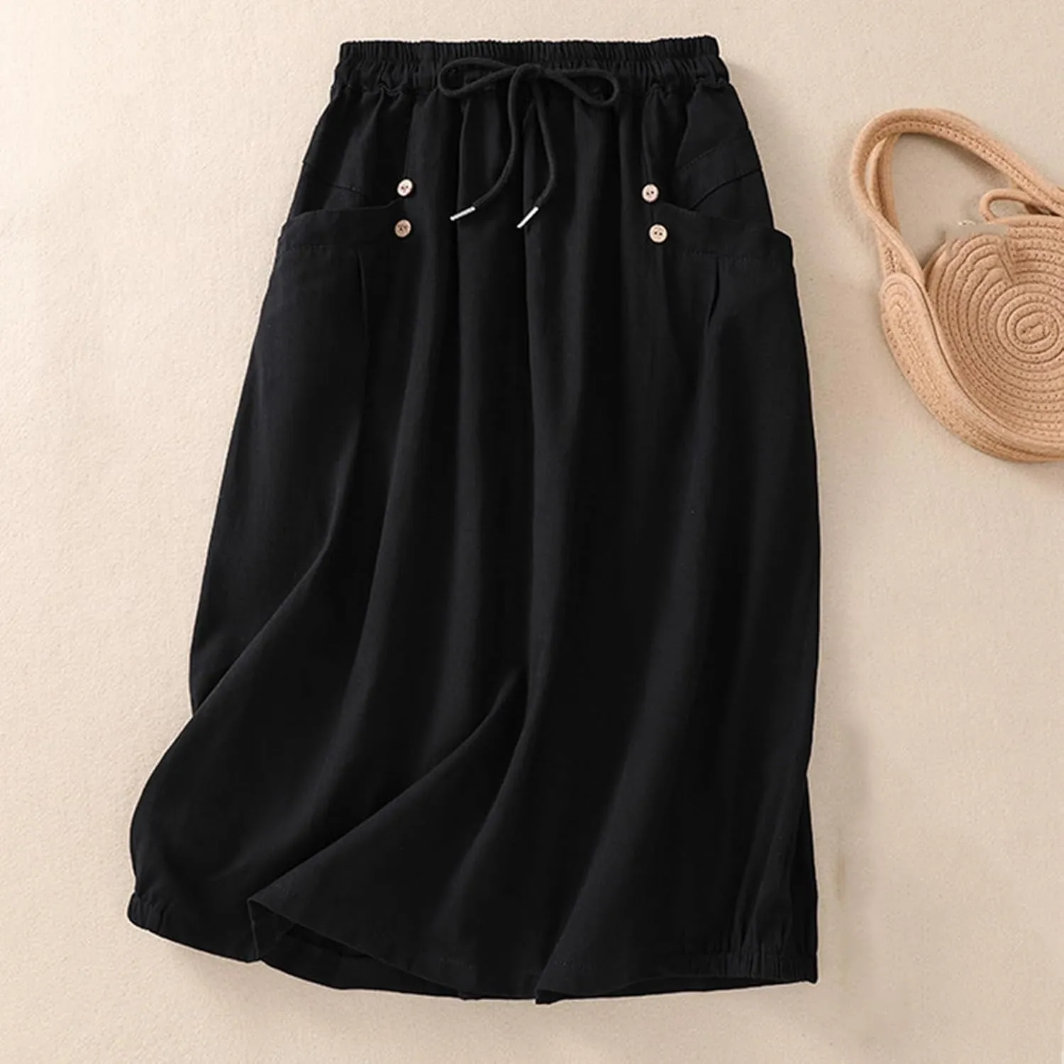 Women's Cotton Linen Bubble Skirt Summer Casual Lightweight Midi Beach Skirts Elastic Waisted Retro Parachute Skirt