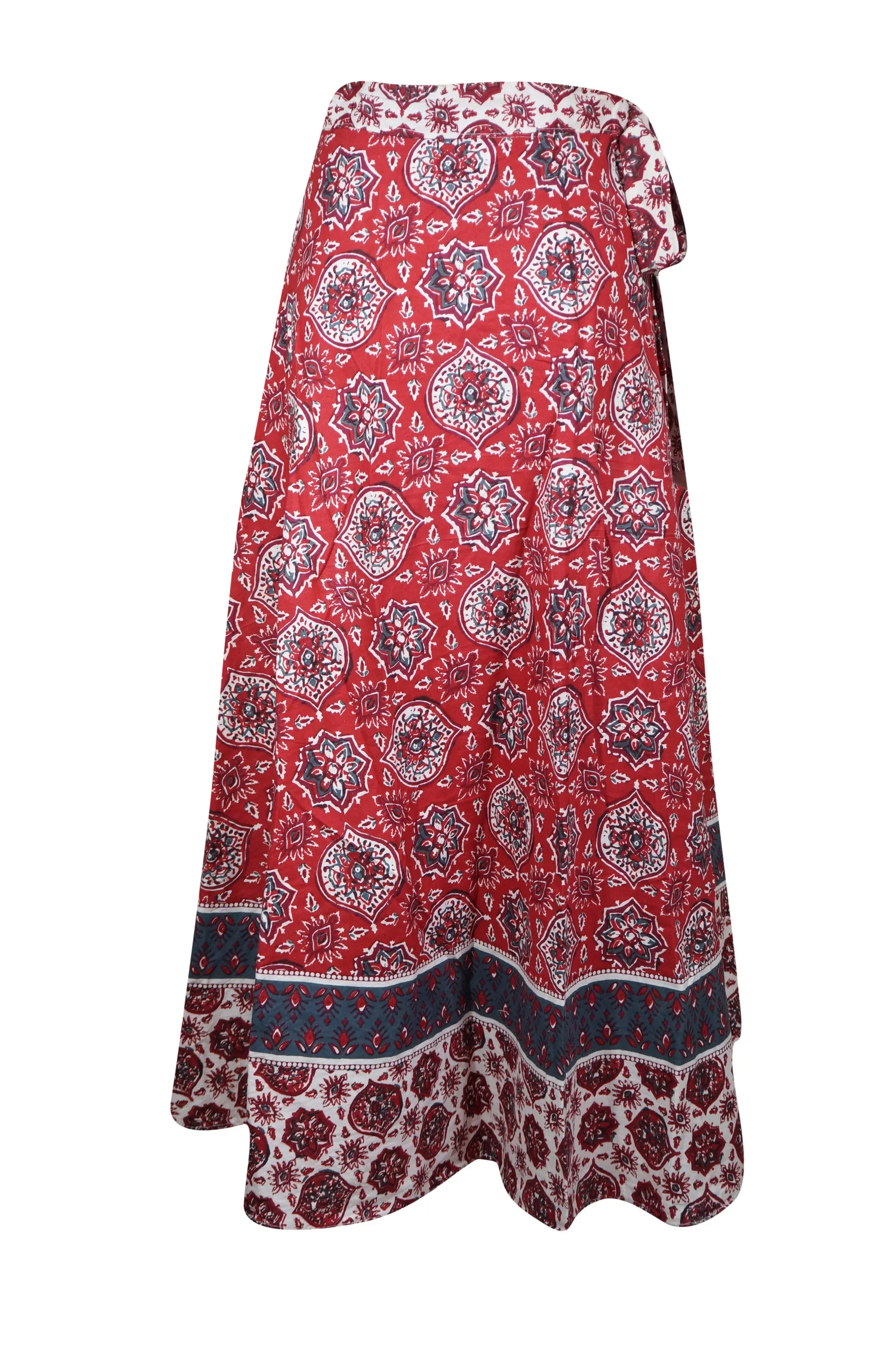 Womens Cotton Wrap Skirt, Coral Red Gypsy Summer Maxi Wraparound Skirts One Size