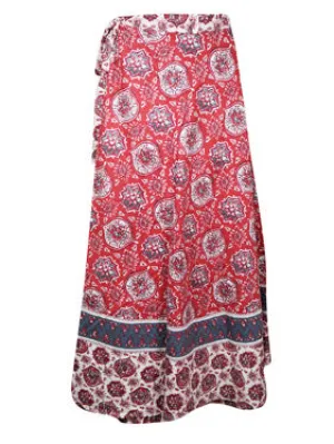 Womens Cotton Wrap Skirt, Coral Red Gypsy Summer Maxi Wraparound Skirts One Size