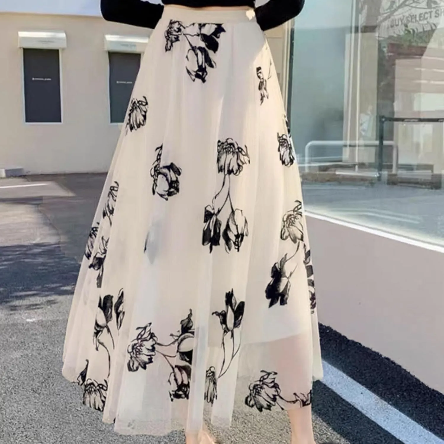 Womens Floral Embroidered Tulle Skirts Mesh Layered Tutu Skirt Midi Length Elastic High Waist Flowy A Line Skirt