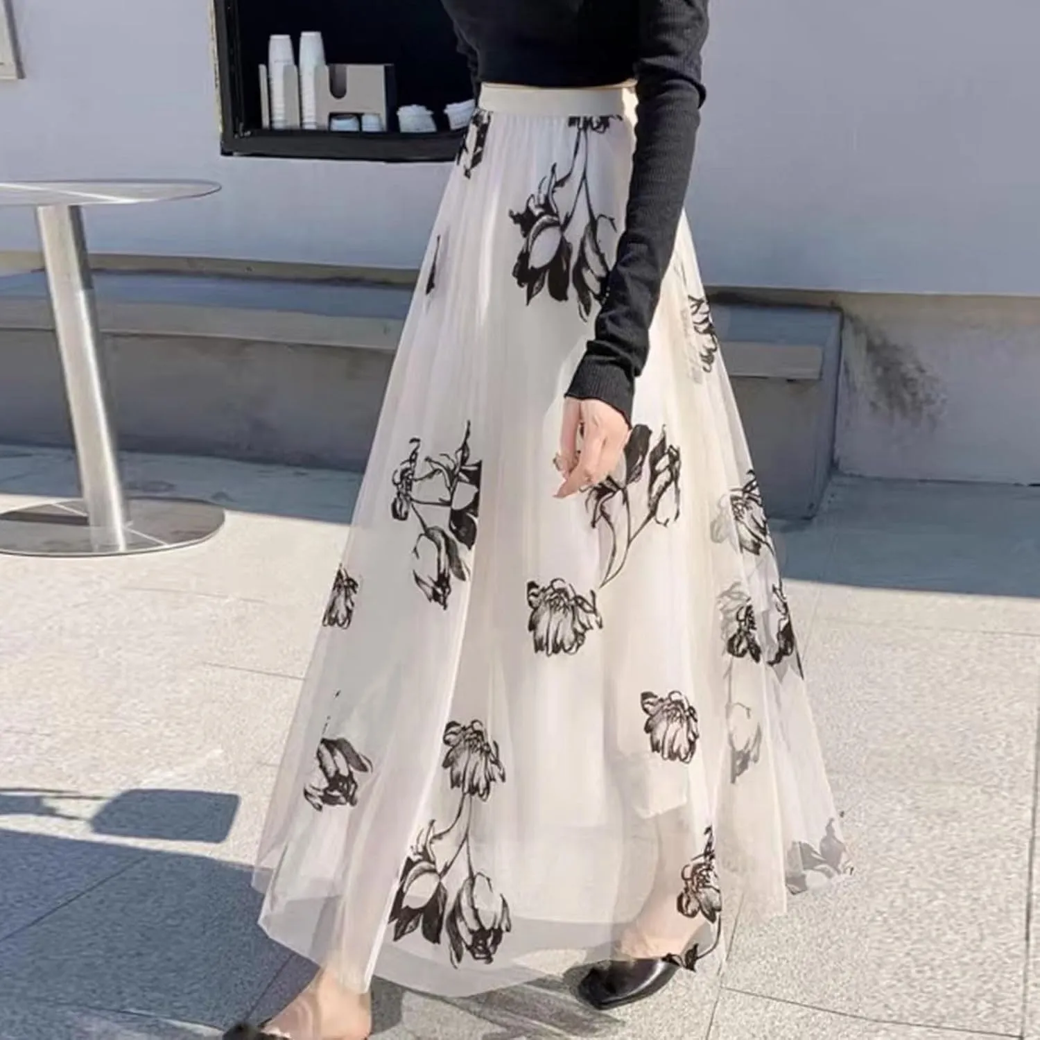 Womens Floral Embroidered Tulle Skirts Mesh Layered Tutu Skirt Midi Length Elastic High Waist Flowy A Line Skirt