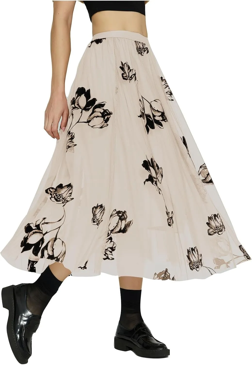Womens Floral Embroidered Tulle Skirts Mesh Layered Tutu Skirt Midi Length Elastic High Waist Flowy A Line Skirt