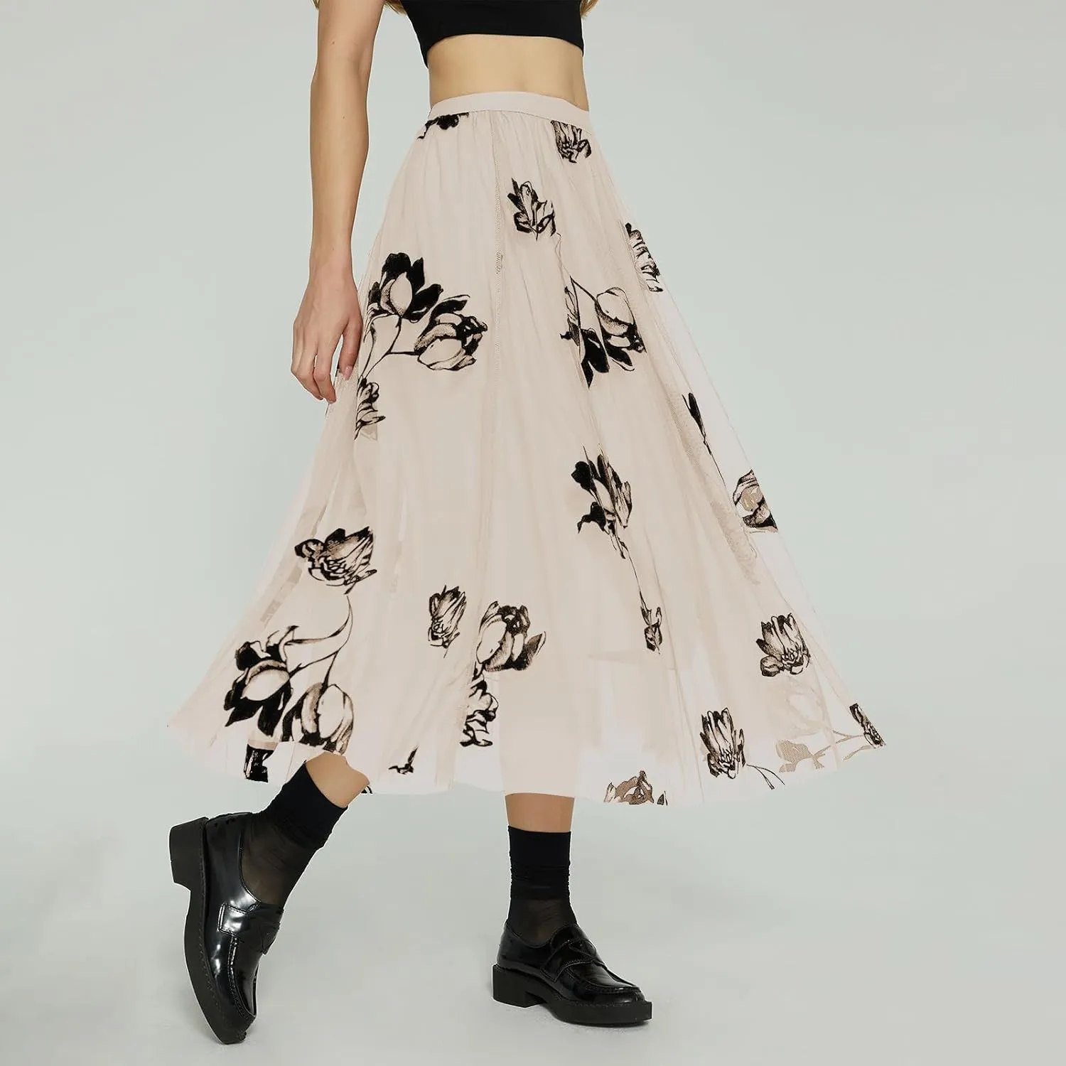 Womens Floral Embroidered Tulle Skirts Mesh Layered Tutu Skirt Midi Length Elastic High Waist Flowy A Line Skirt