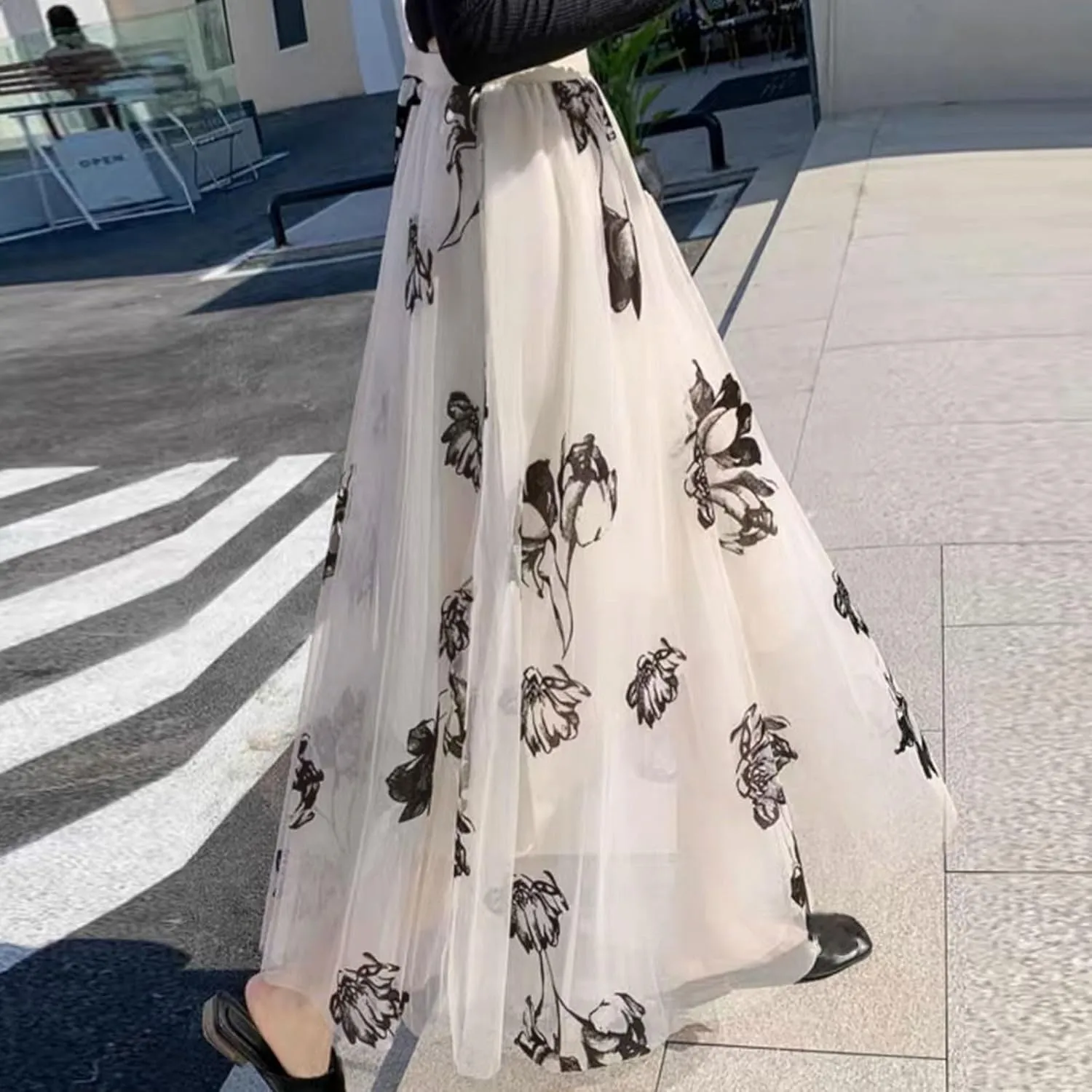 Womens Floral Embroidered Tulle Skirts Mesh Layered Tutu Skirt Midi Length Elastic High Waist Flowy A Line Skirt