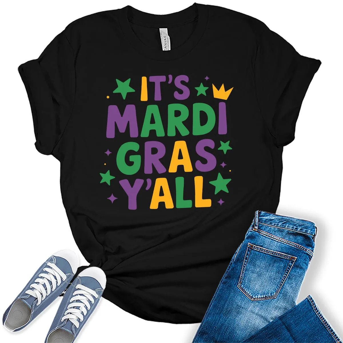 Women's It's Mardi Gras Y'All Shirt Letter Print Graphic Tees