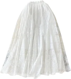 Women's Lace Embroidered Pleated Skirt Elastic High Waist Mesh Tutu Skirts Bohemian Flowy A-Line Midi Length Skirt