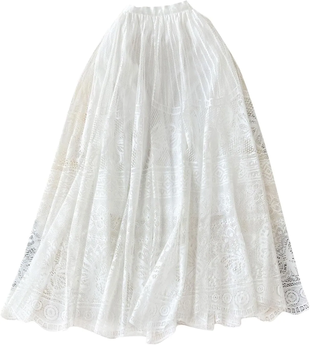 Women's Lace Embroidered Pleated Skirt Elastic High Waist Mesh Tutu Skirts Bohemian Flowy A-Line Midi Length Skirt