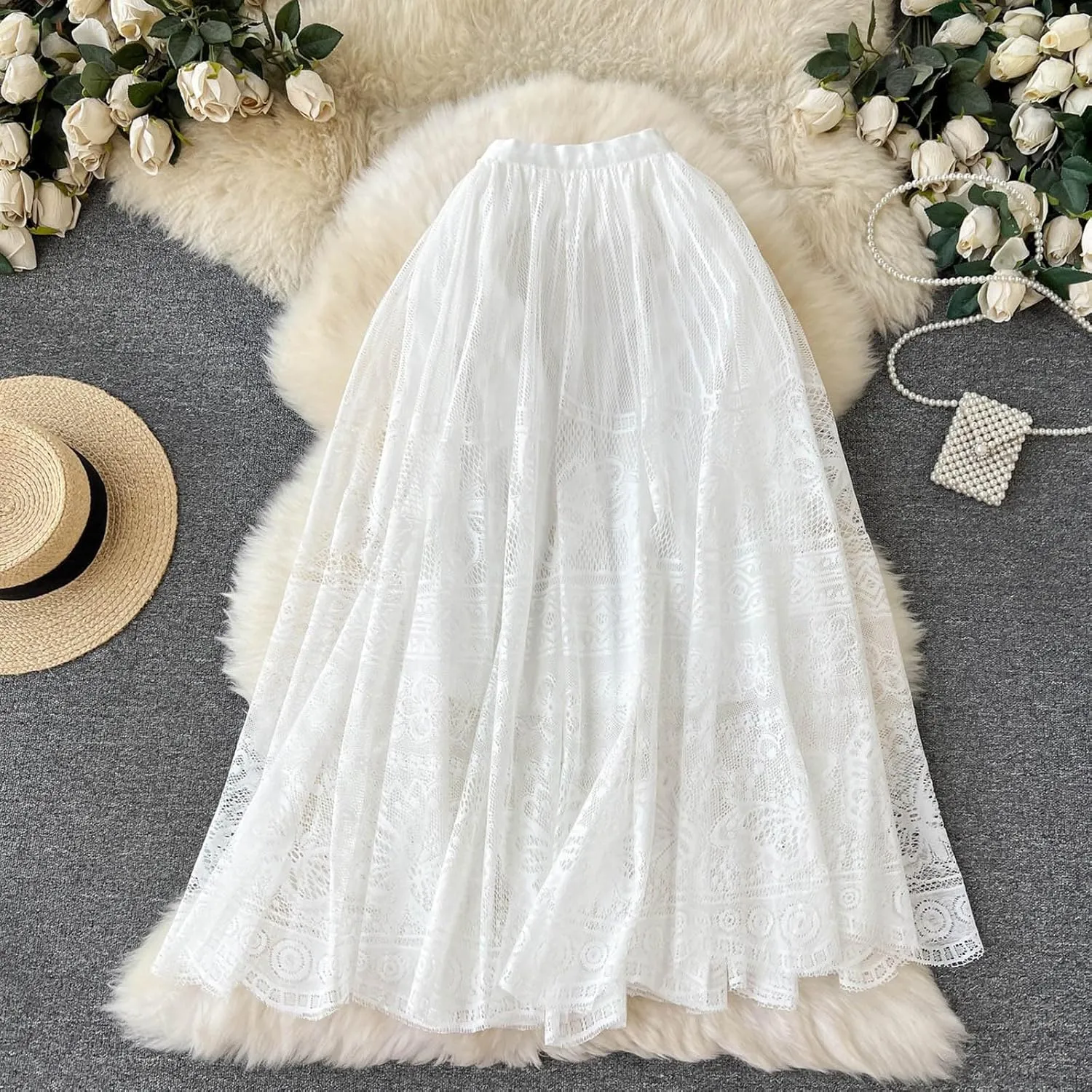 Women's Lace Embroidered Pleated Skirt Elastic High Waist Mesh Tutu Skirts Bohemian Flowy A-Line Midi Length Skirt