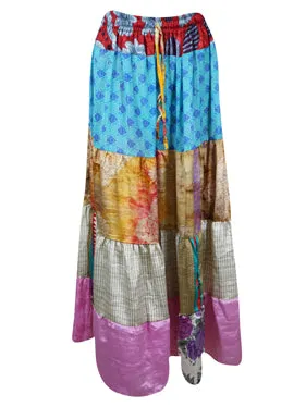 Womens Multi Floral Maxi Skirt Patchwork Recycle Silk Boho Skirts S/M/L