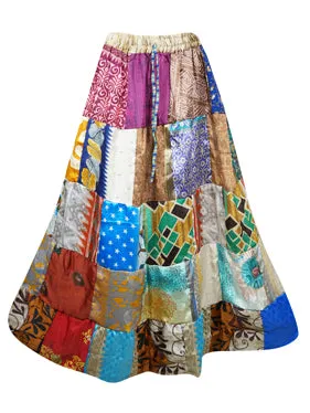 Womens Multicolor Maxi Skirt, Patchwork Recycle Silk Sari Gypsy Skirt S/M