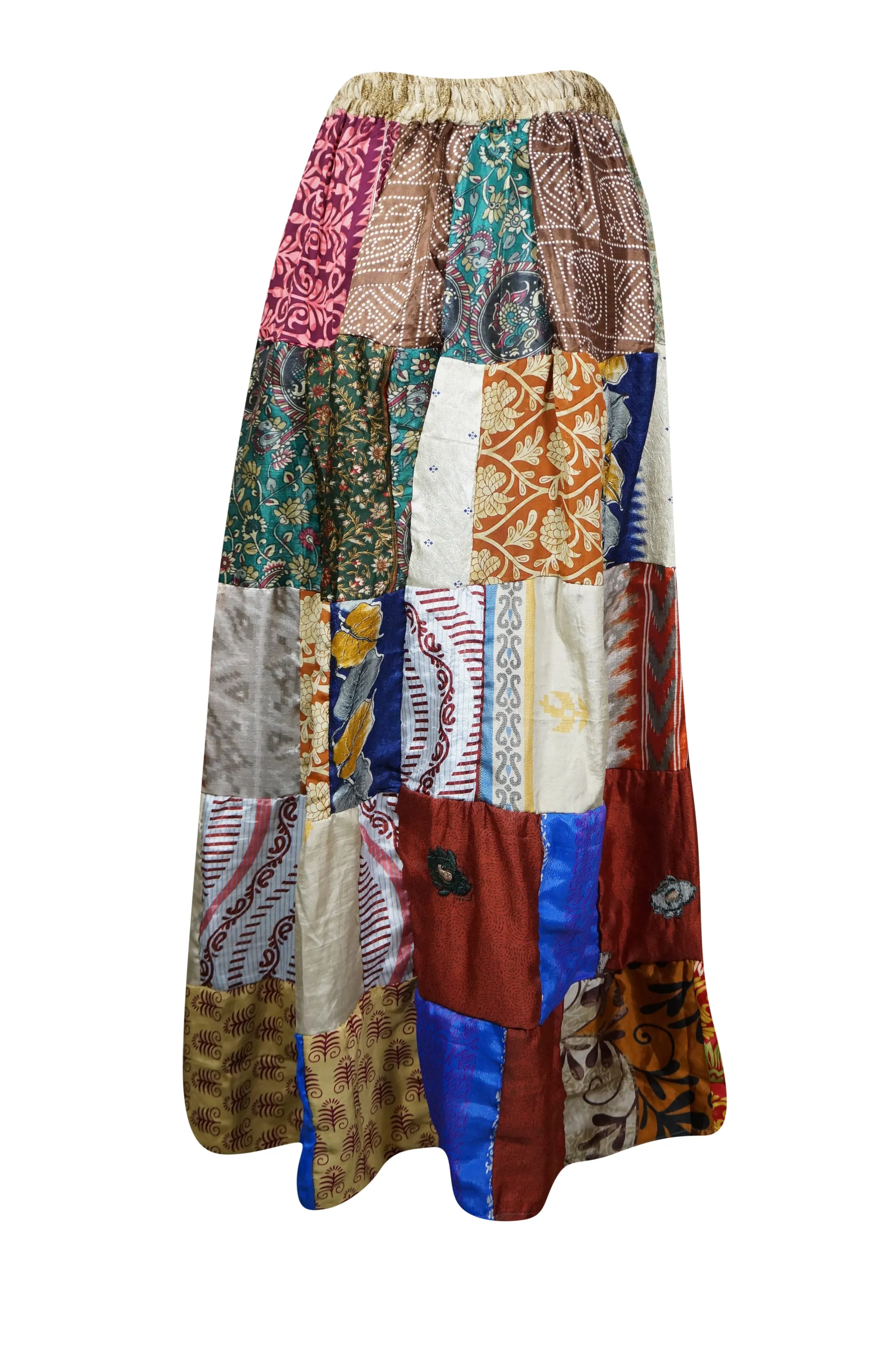 Womens Multicolor Maxi Skirt, Patchwork Recycle Silk Sari Gypsy Skirt S/M