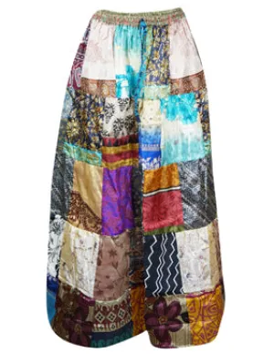 Womens Multicolor Patchwork Maxi Skirt, Recycle Silk Sari Gypsy Skirts S/M/L