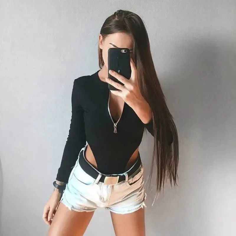 Women’s O-Neck Long Sleeve Bodysuit - Sexy Black Solid Zip Jumpsuit for Autumn Streetwear