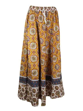 Womens Orange Cotton Maxi Skirt, Floral Printed Summer Retro Style Hippy Skirts S/M