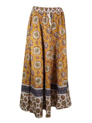 Womens Orange Cotton Maxi Skirt, Floral Printed Summer Retro Style Hippy Skirts S/M