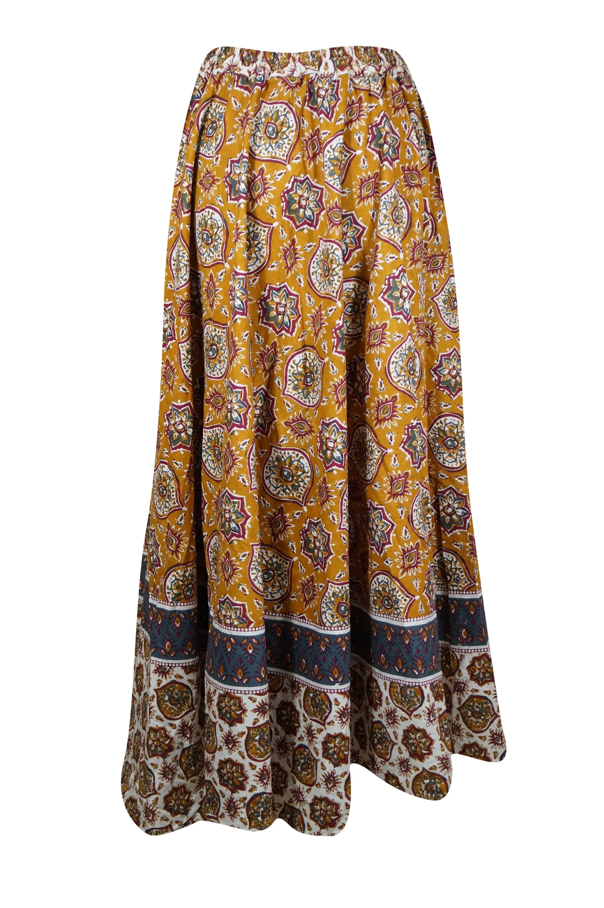 Womens Orange Cotton Maxi Skirt, Floral Printed Summer Retro Style Hippy Skirts S/M