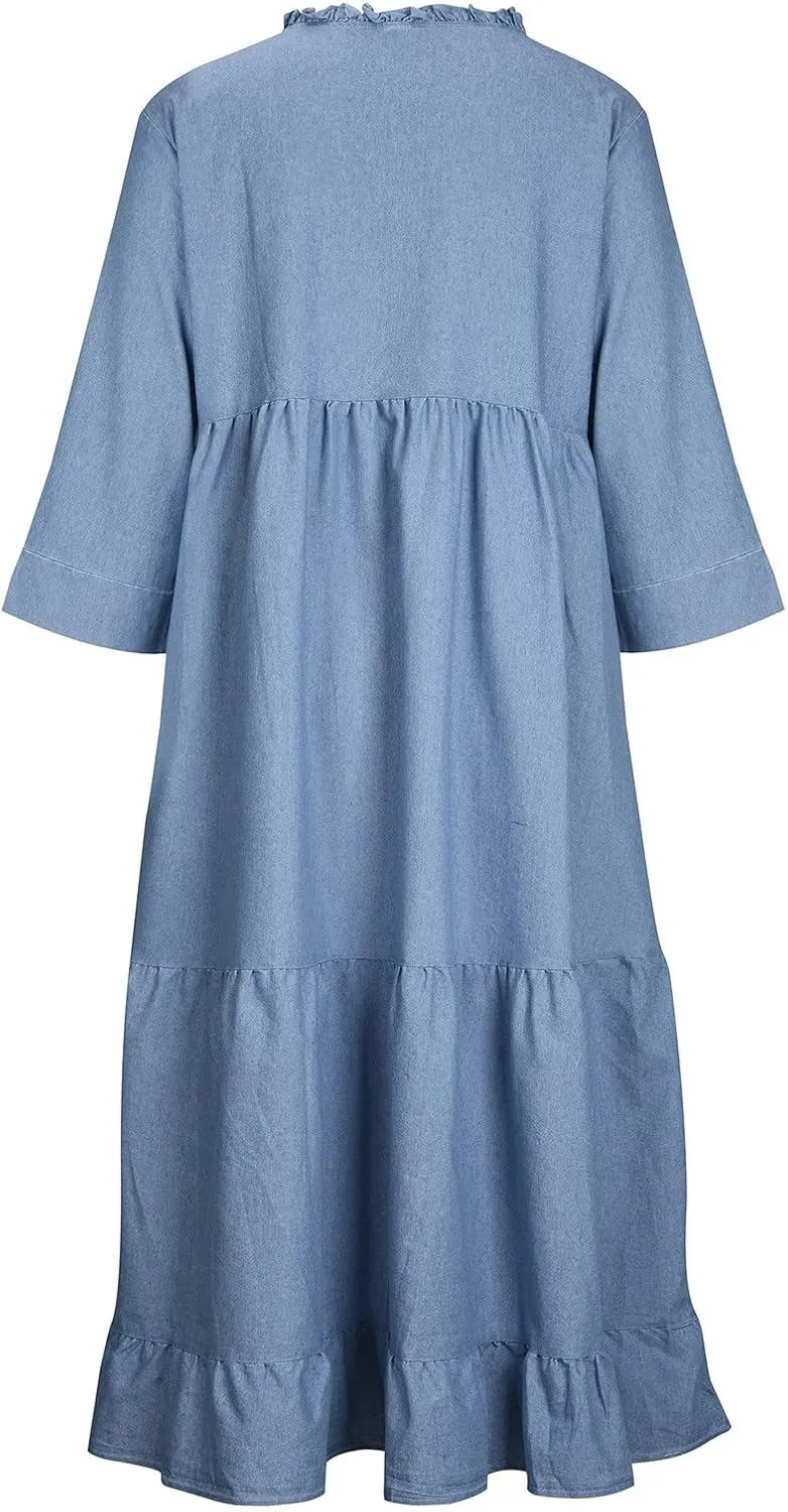 Women's Short Sleeve Denim Maxi Long Midi Loose Fit Shirt Western Fall Summer Dress 2025