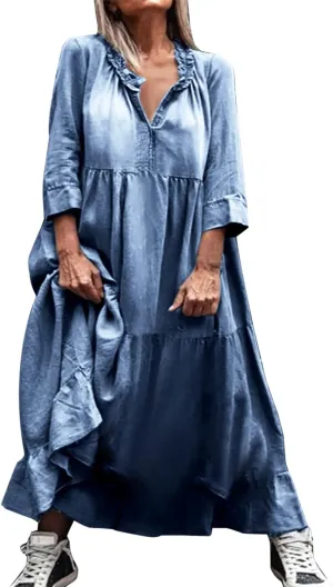 Women's Short Sleeve Denim Maxi Long Midi Loose Fit Shirt Western Fall Summer Dress 2025