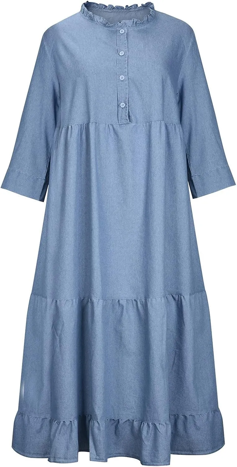 Women's Short Sleeve Denim Maxi Long Midi Loose Fit Shirt Western Fall Summer Dress 2025