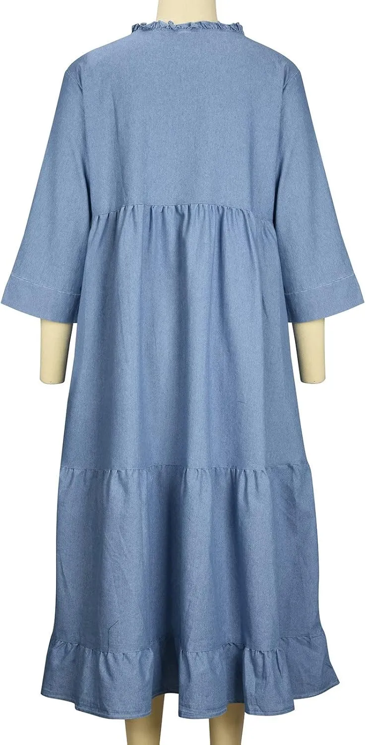 Women's Short Sleeve Denim Maxi Long Midi Loose Fit Shirt Western Fall Summer Dress 2025